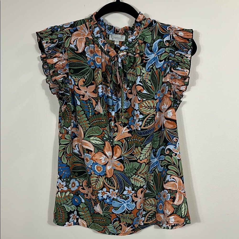 Chenault Garden Floral Tropical Summer Hawaii Shortsleeve Top Women Size Medium